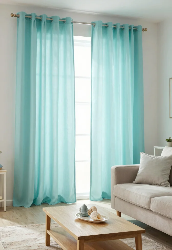 16 Turquoise Curtains Living Room Ideas for a Fresh Color Pop - 7. Chiffon Flare 1