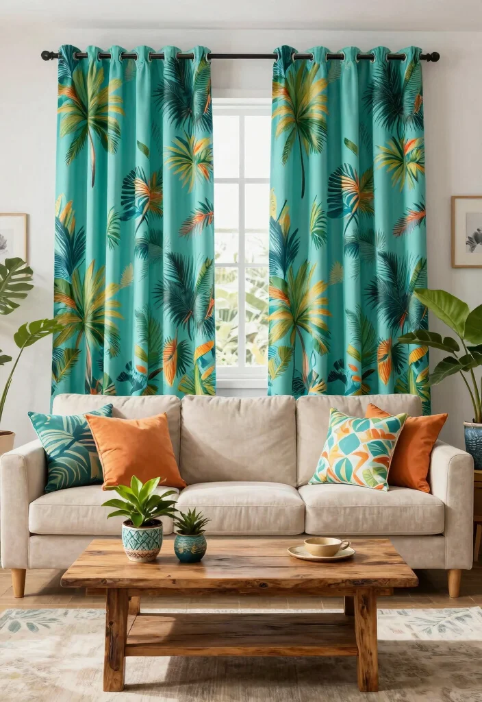 16 Turquoise Curtains Living Room Ideas for a Fresh Color Pop - 9. Tropical Prints 1