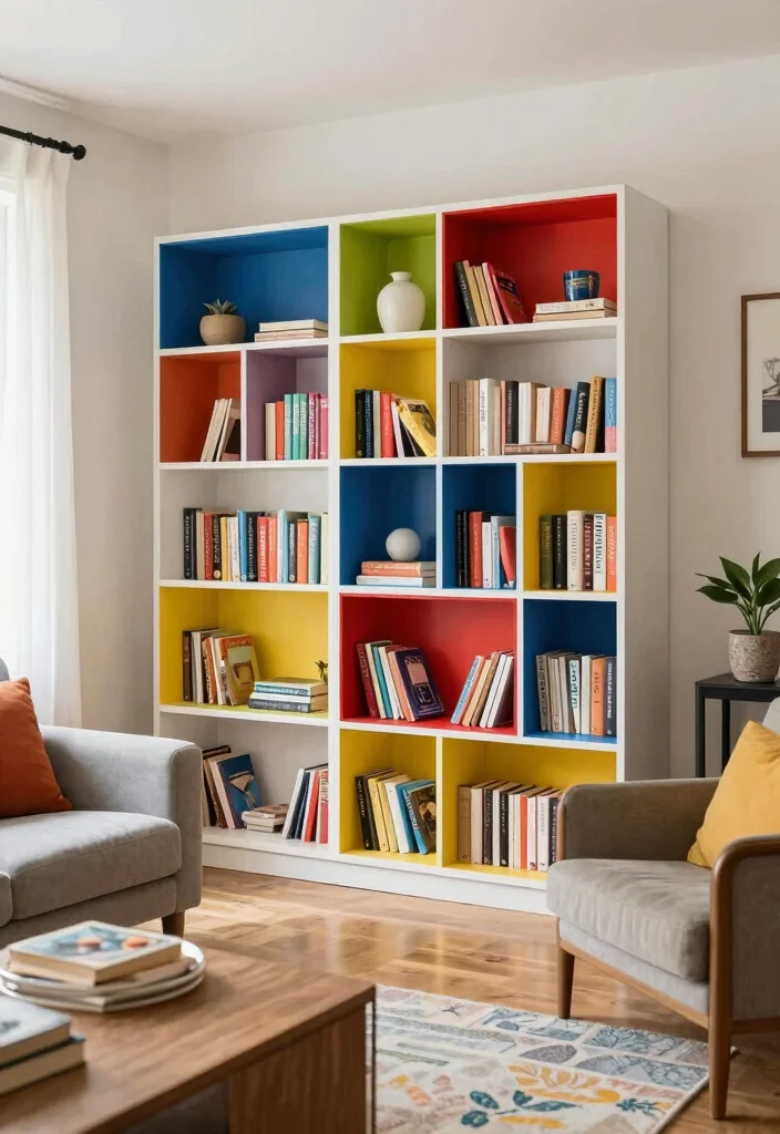 16 Wall Bookshelf Ideas for Stylish Living Room Storage - 11. Colorful Bookshelf Inserts 1