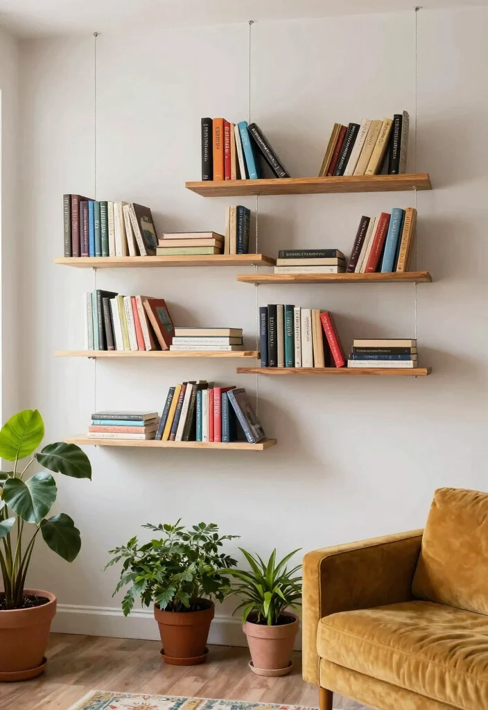 16 Wall Bookshelf Ideas for Stylish Living Room Storage - 12. Hanging Bookshelves 1