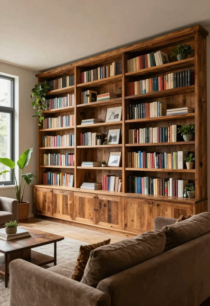 16 Wall Bookshelf Ideas for Stylish Living Room Storage - 2. Reclaimed Wood Library Wall 1