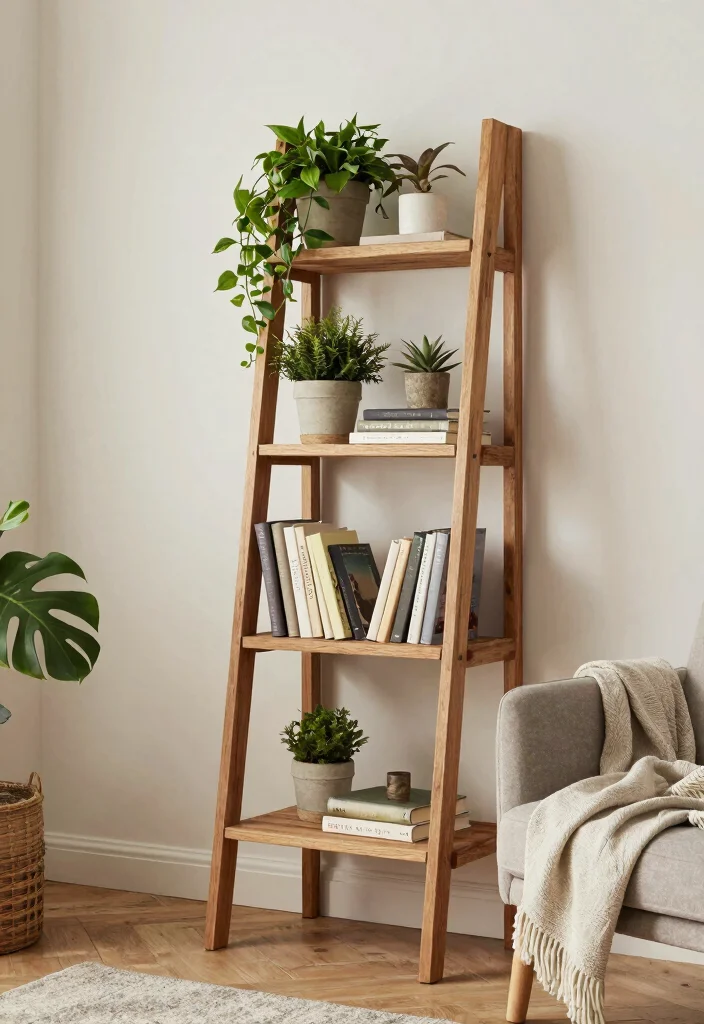 16 Wall Bookshelf Ideas for Stylish Living Room Storage - 5. Ladder Bookshelf Charm 1
