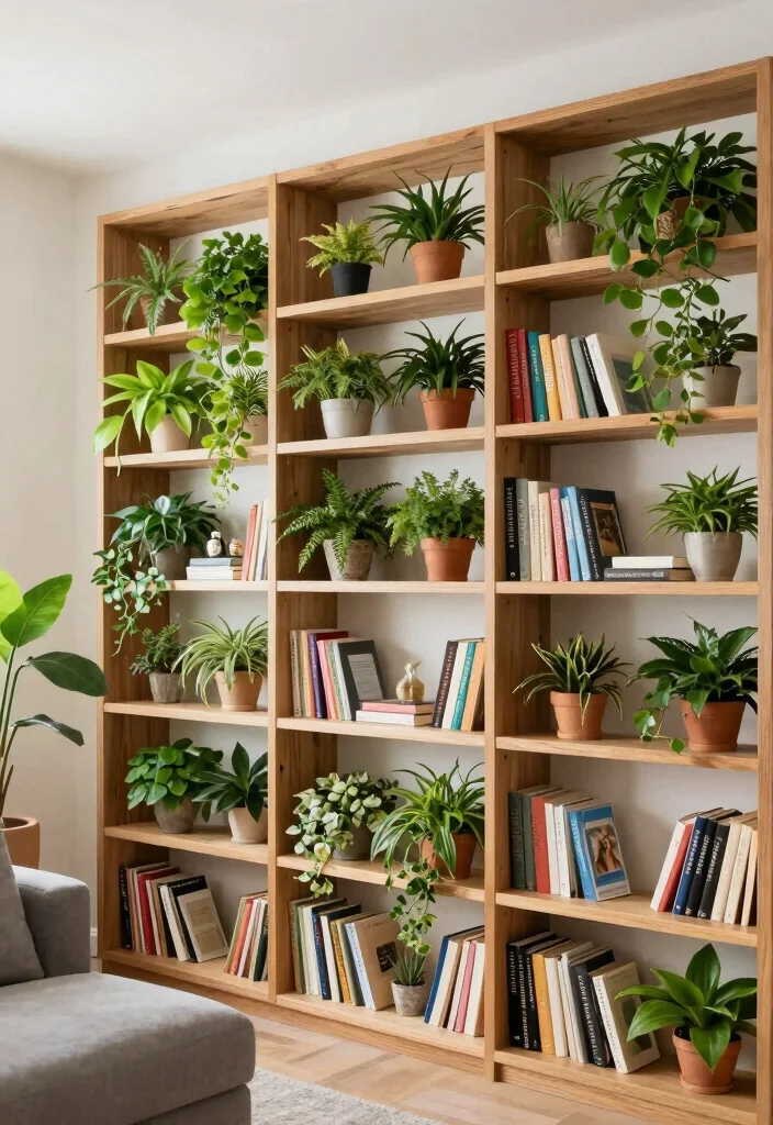 16 Wall Bookshelf Ideas for Stylish Living Room Storage - 6. Vertical Gardens on Shelves 1