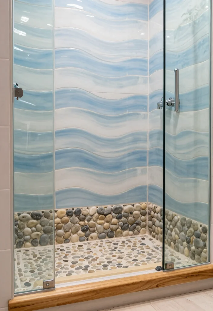 16 Wavy Tile Shower Bathroom Ideas With Modern Flow - 2. Textured Beach Pebble Accents 1