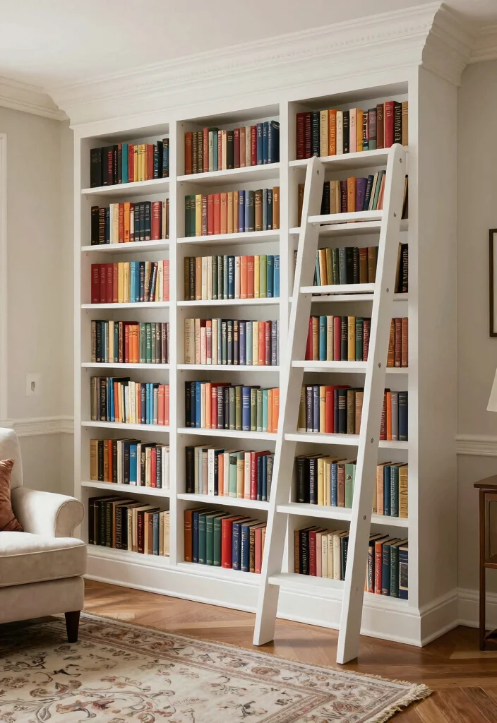 17 Built In Shelves Living Room DIY Ideas for Custom Storage - 11. Built-In Bookcase with a Sliding Ladder 1