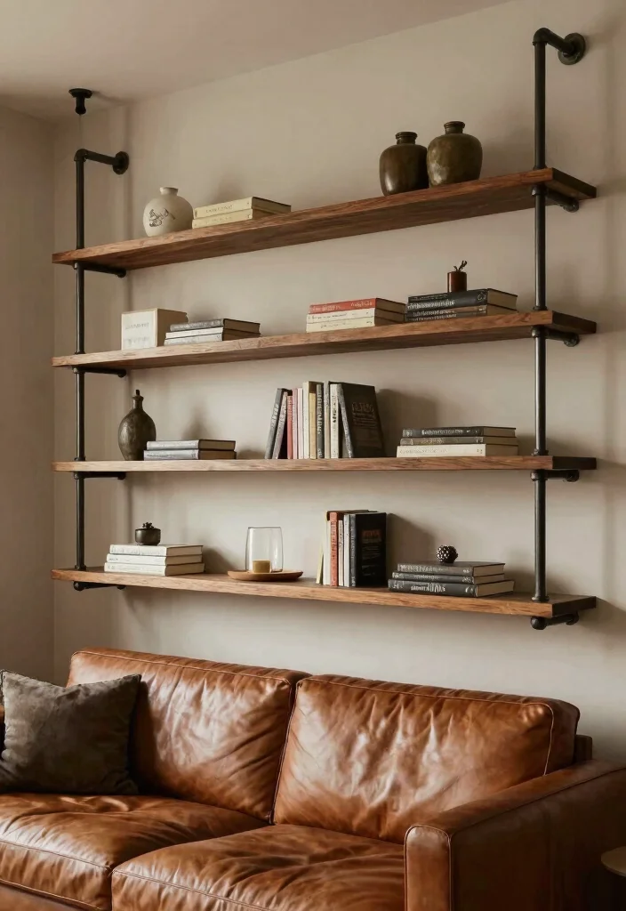 17 Built In Shelves Living Room DIY Ideas for Custom Storage - 13. Industrial Pipe Shelves 1