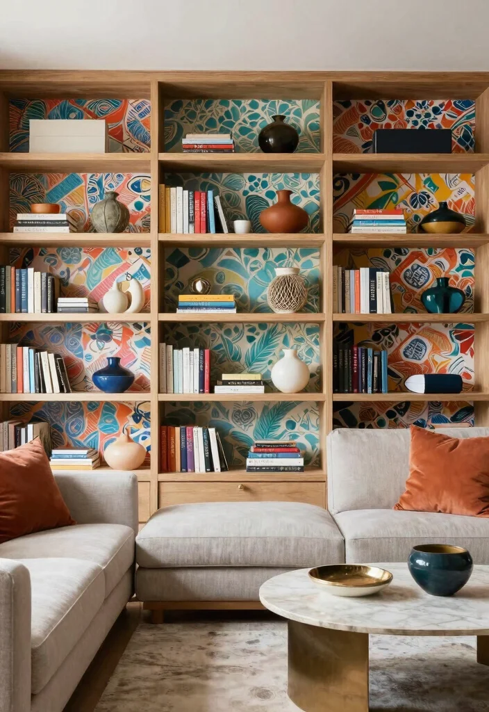 17 Built In Shelves Living Room DIY Ideas for Custom Storage - 14. Open Shelving with Decorative Backs 1