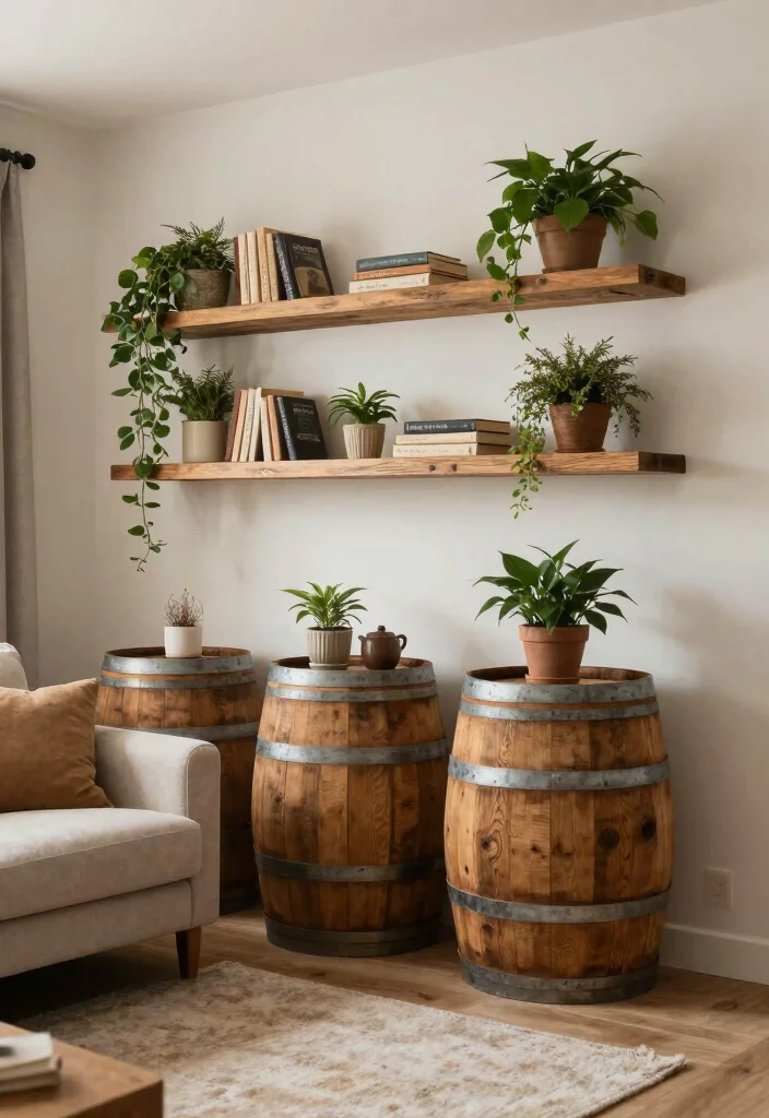 17 Built In Shelves Living Room DIY Ideas for Custom Storage - 15. Rustic Barrel Shelves 1