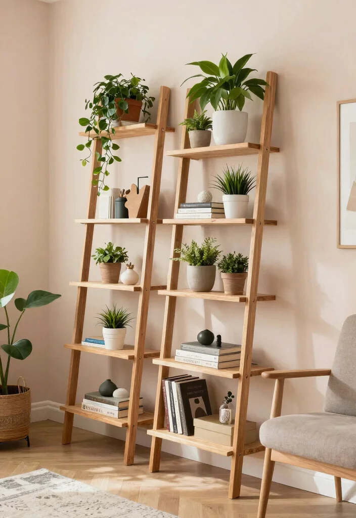 17 Built In Shelves Living Room DIY Ideas for Custom Storage - 8. Ladder Style Shelves 1