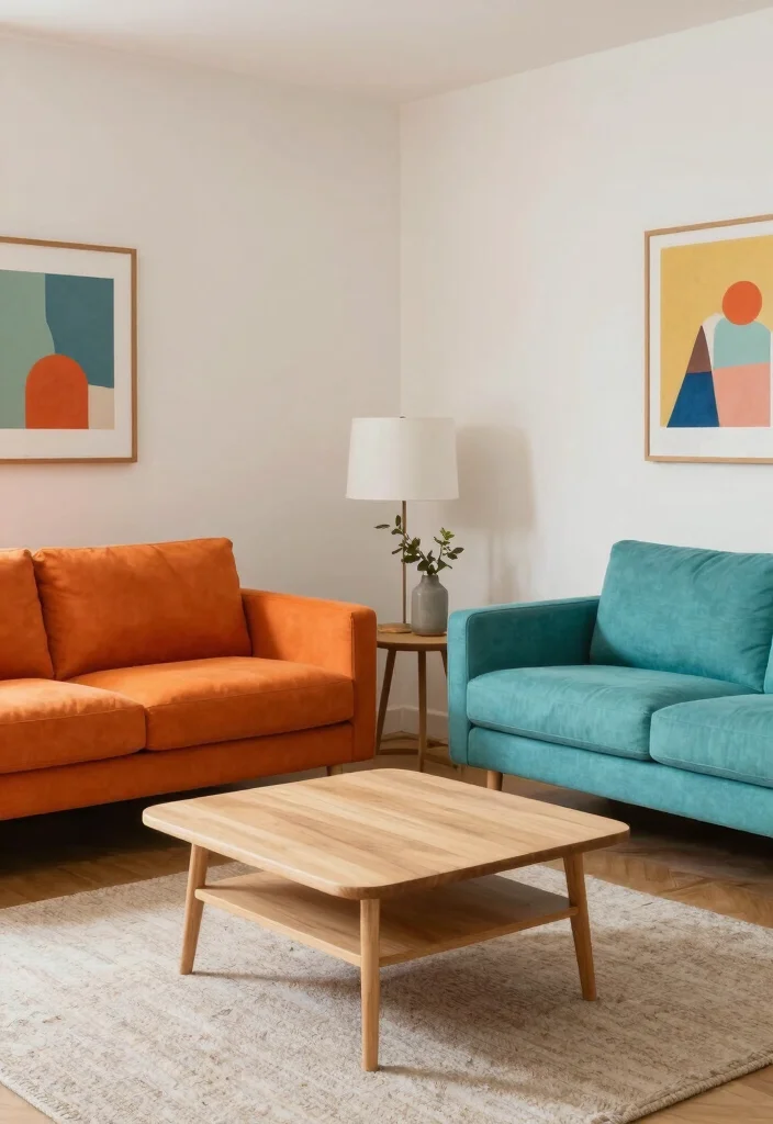 17 Double Sofa Living Room Layout Ideas for Symmetrical Comfort - 16. Colorful Contrast 1