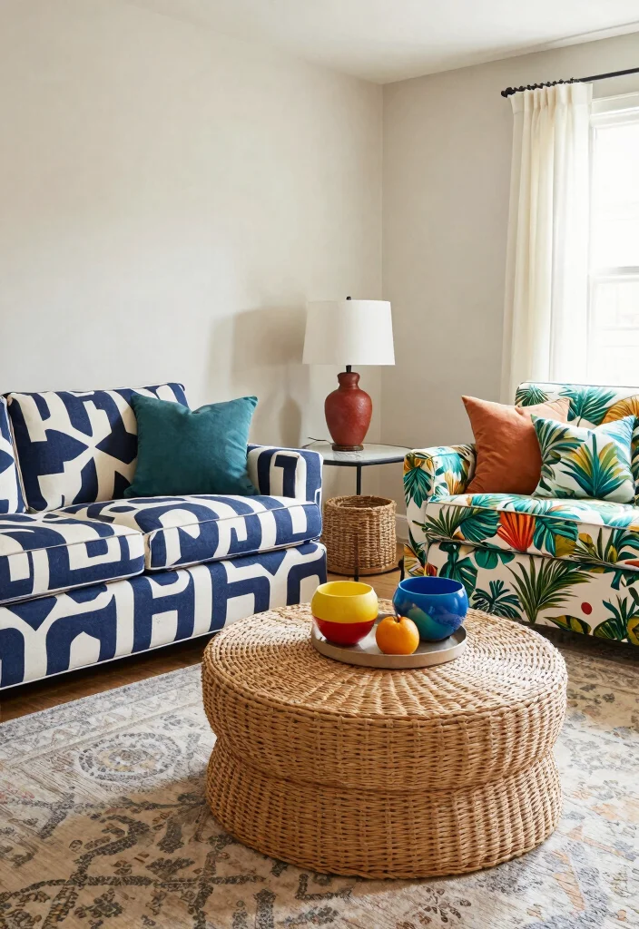 17 Double Sofa Living Room Layout Ideas for Symmetrical Comfort - 5. Play with Patterns 1