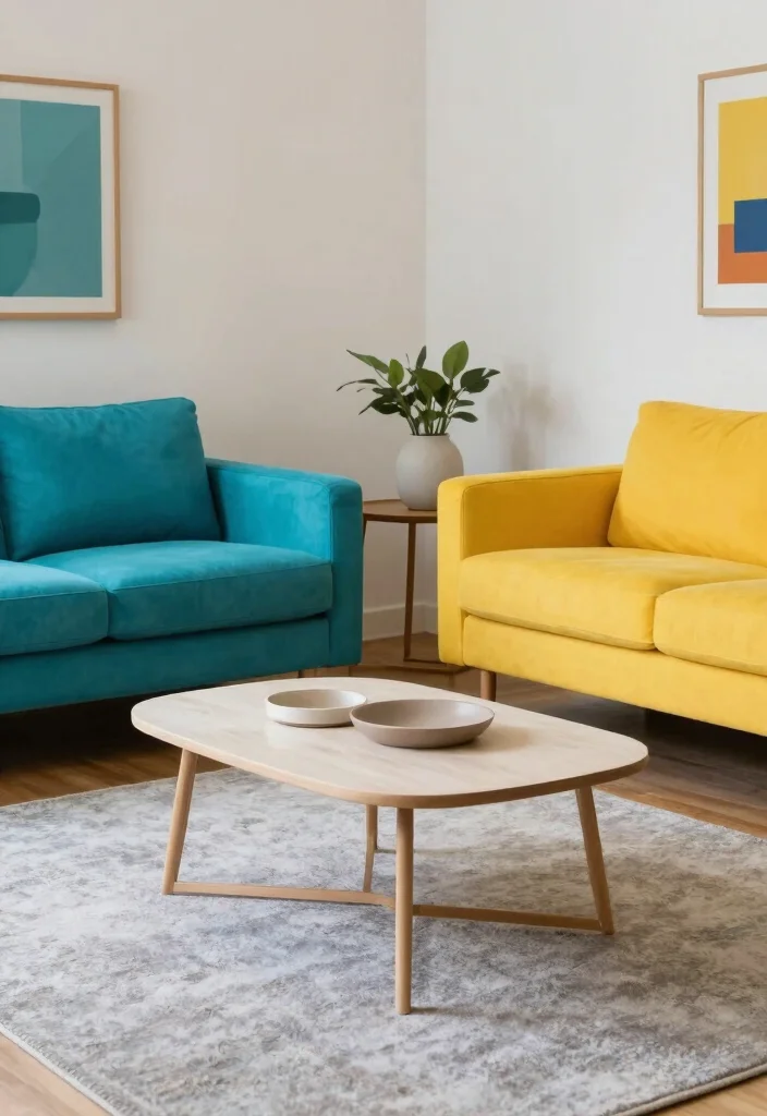 17 Double Sofa Living Room Layout Ideas for Symmetrical Comfort - 8. Bold Color Pairing 1