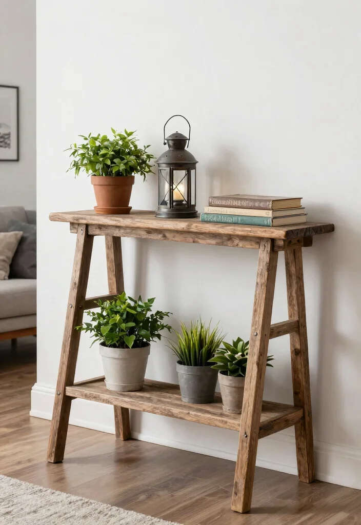 17 Living Room Console Table Ideas Stylish Functional Decor - 5. Rustic Ladder Table 1