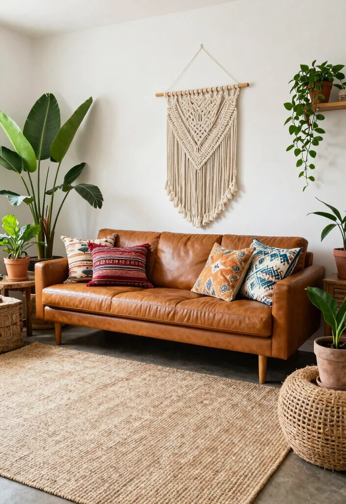 17 Living Room Leather Couch Ideas: Timeless Stylish Comfort - 4. Boho-Chic Vibes 1