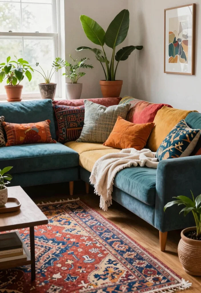 17 Living Room With Corner Sofa Ideas: Cozy Efficient Layout - 4. Bohemian-Chic Corner Sofa with Textured Elements 1