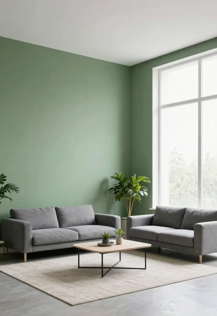 17 Living Room With Green Walls Ideas for a Fresh Natural Feel - 10. Minimalist Approach for Clean Lines 1