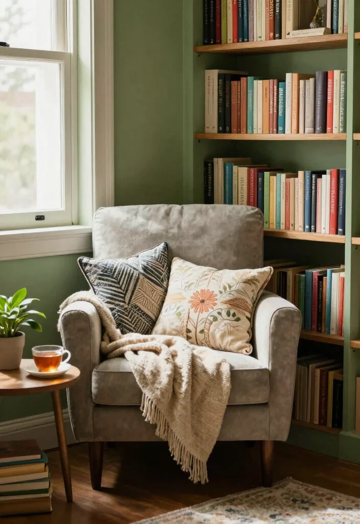 17 Living Room With Green Walls Ideas for a Fresh Natural Feel - 12. Cozy Reading Nook for Relaxation 1
