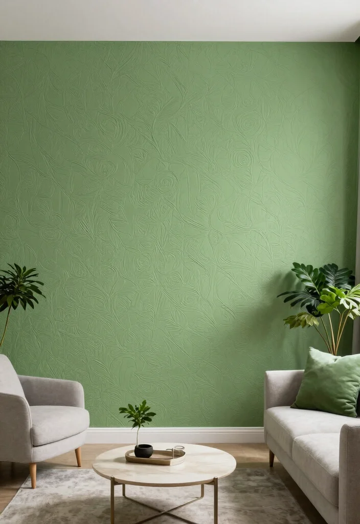 17 Living Room With Green Walls Ideas for a Fresh Natural Feel - 13. Green Wall with Textured Wallpaper 1
