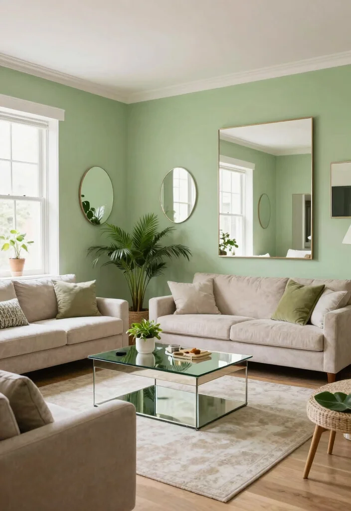 17 Living Room With Green Walls Ideas for a Fresh Natural Feel - 14. Using Mirrors to Enhance Light 1