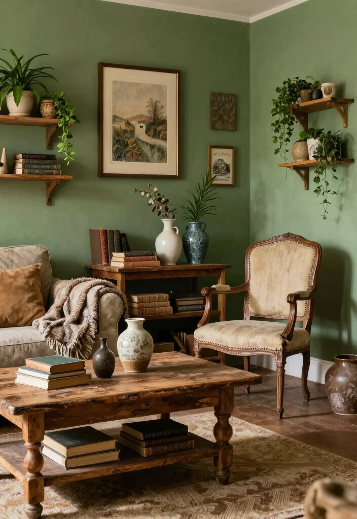 17 Living Room With Green Walls Ideas for a Fresh Natural Feel - 15. Rustic Chic with Vintage Finds 1