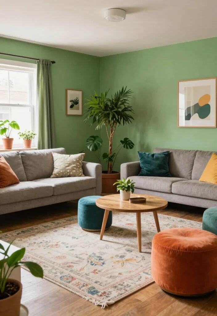 17 Living Room With Green Walls Ideas for a Fresh Natural Feel - 16. Playful Furniture Arrangements 1