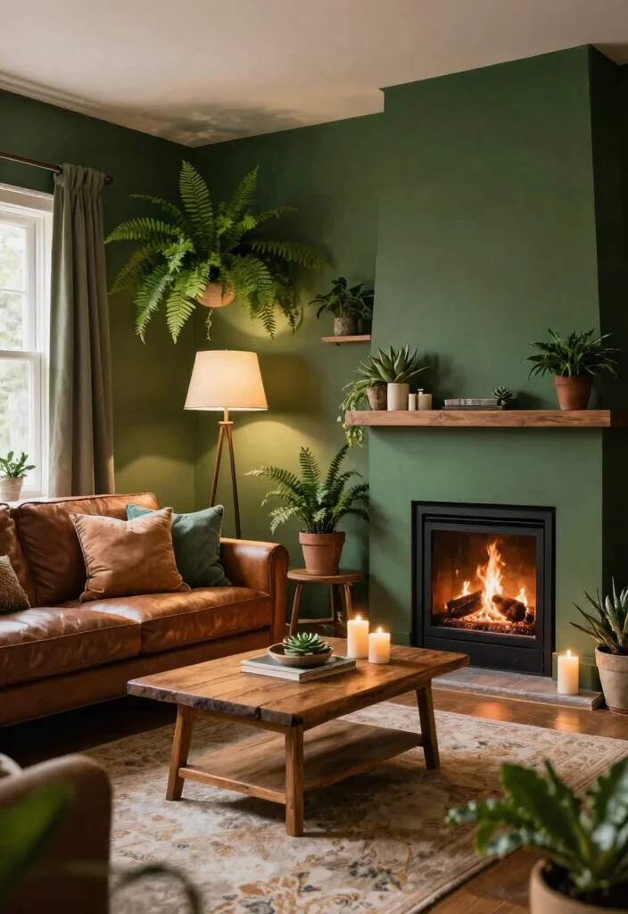 17 Living Room With Green Walls Ideas for a Fresh Natural Feel - 3. Forest Green for a Cozy Feeling 1