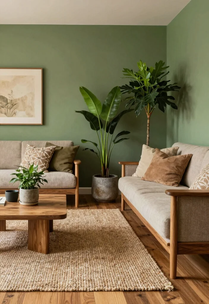 17 Living Room With Green Walls Ideas for a Fresh Natural Feel - 6. Pairing Green Walls with Natural Textures 1