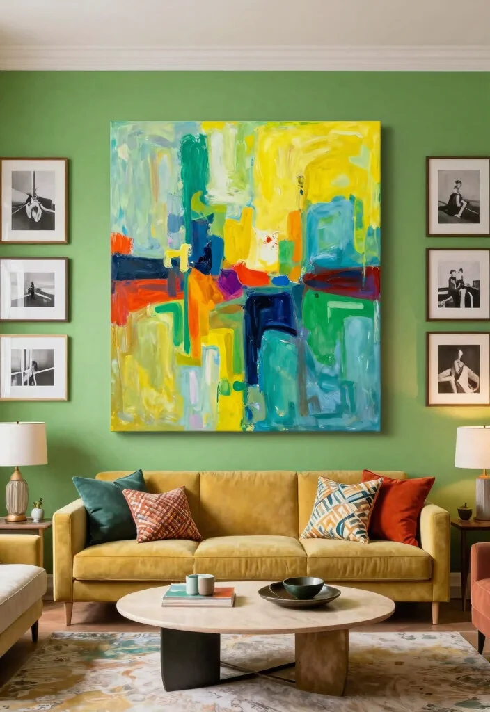 17 Living Room With Green Walls Ideas for a Fresh Natural Feel - 7. Using Artwork to Create Focal Points 1