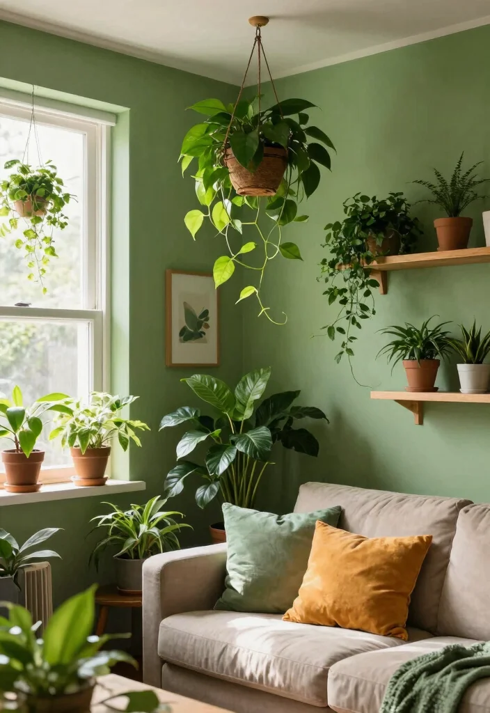 17 Living Room With Green Walls Ideas for a Fresh Natural Feel - 8. Integrating Indoor Plants for Freshness 1