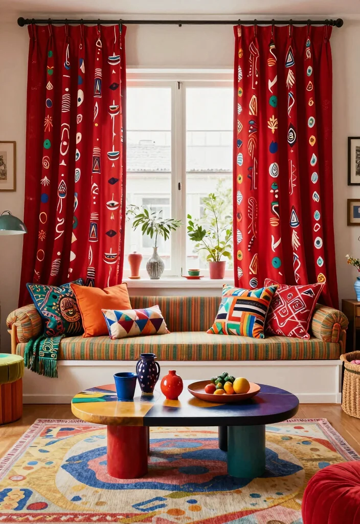 17 Red Curtains Living Room Ideas Bold Dramatic Impact - 10. Red Patterns for Eclectic Decor 1