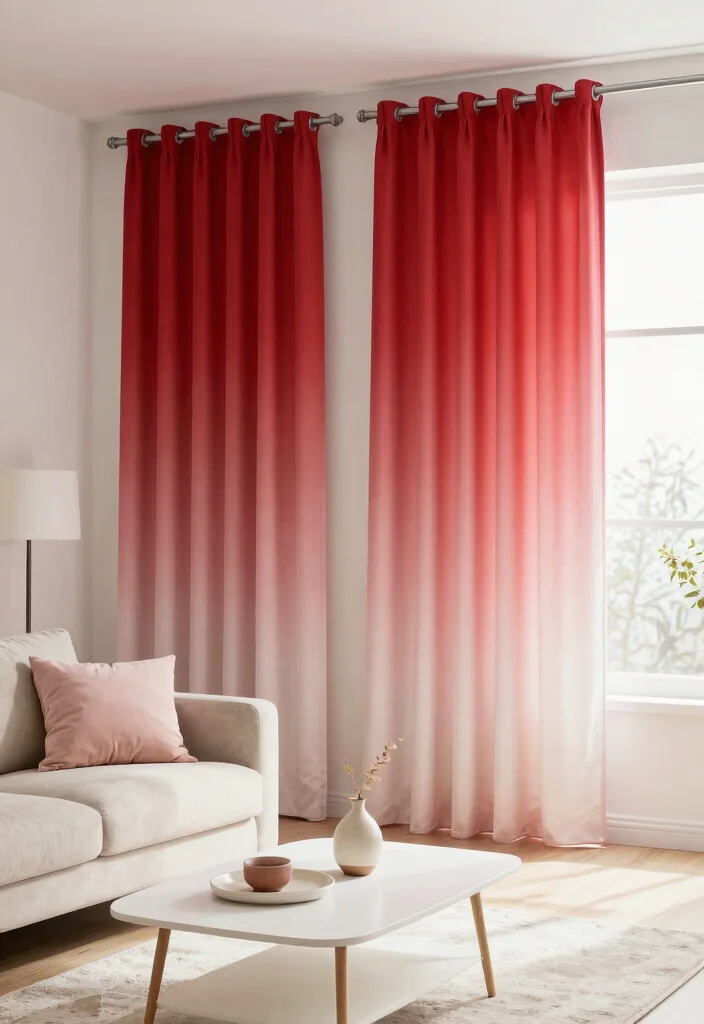 17 Red Curtains Living Room Ideas Bold Dramatic Impact - 11. Red Ombre Curtains for a Soft Transition 1