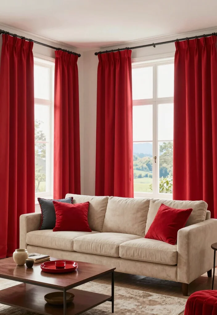 17 Red Curtains Living Room Ideas Bold Dramatic Impact - 15. Transformative Red Curtain Panels 1