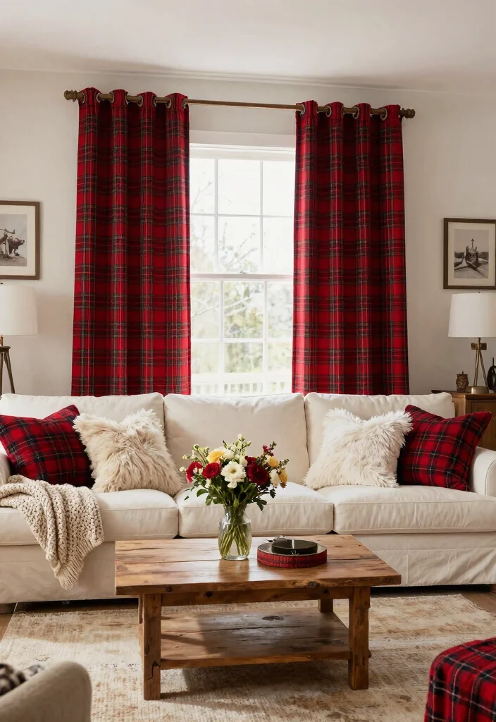 17 Red Curtains Living Room Ideas Bold Dramatic Impact - 3. Rustic Charm with Red Plaid 1