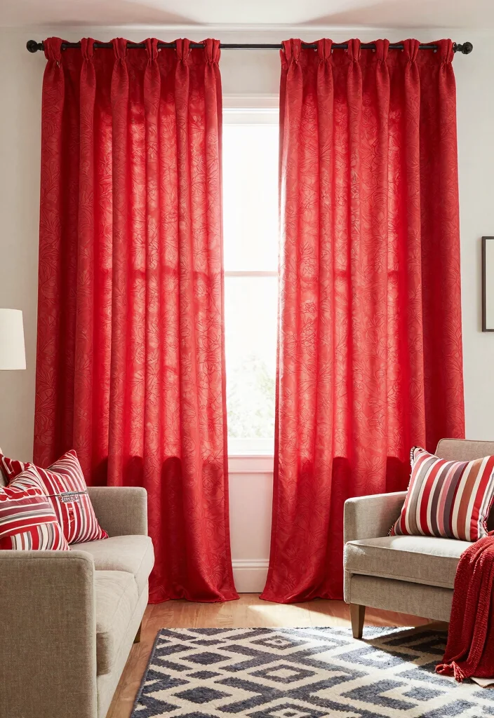 17 Red Curtains Living Room Ideas Bold Dramatic Impact - 7. Incorporate Red into Mixed Patterns 1