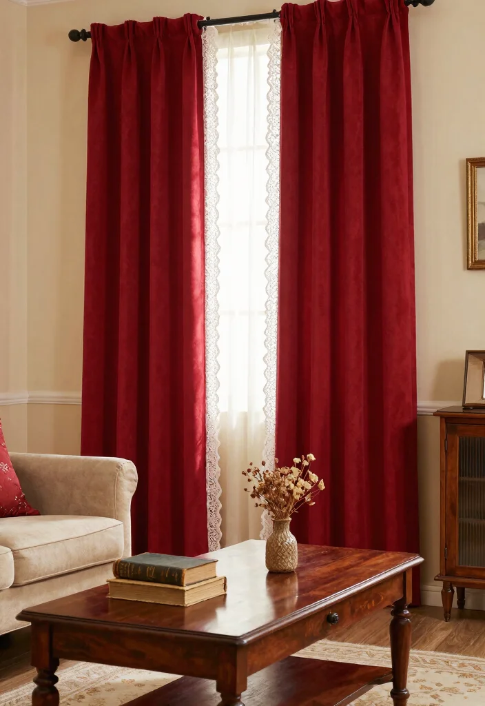 17 Red Curtains Living Room Ideas Bold Dramatic Impact - 9. Vintage Charm with Lace Accents 1