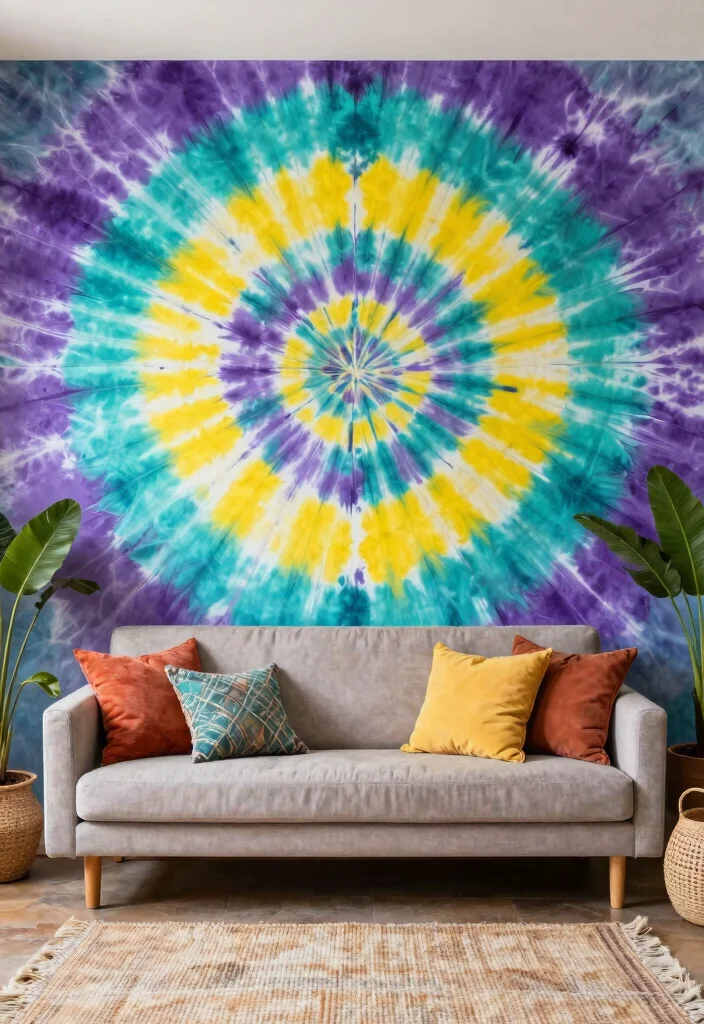 17 Wall Painting for Living Room Ideas Artistic Statement - 12. Bohemian Tie-Dye Touch 1