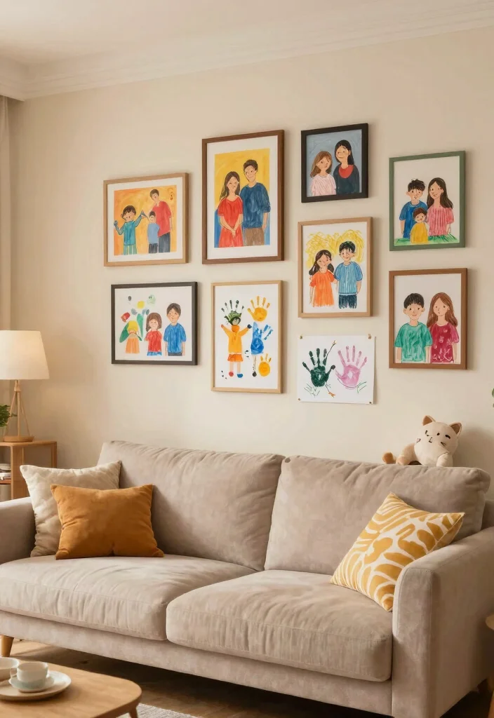 17 Wall Painting for Living Room Ideas Artistic Statement - 17. Personal Touch with Family Art 1