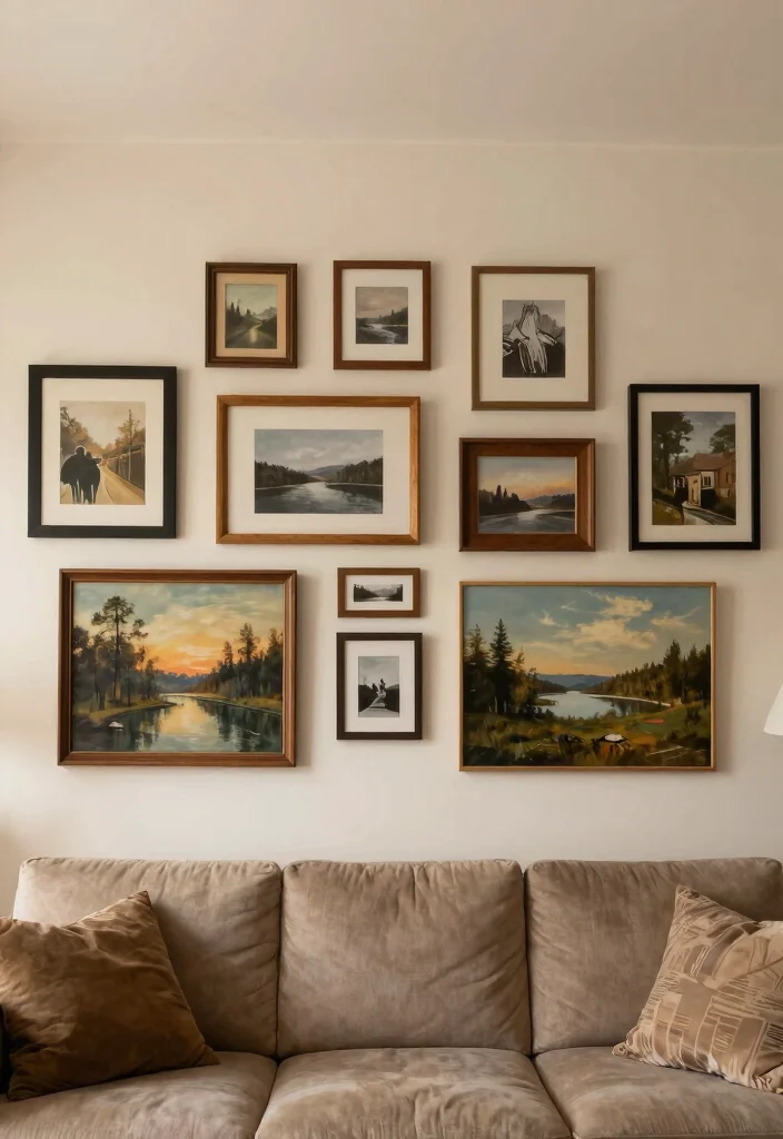 18 Cozy Living Room Wall Decor Ideas for a Warm, Inviting Touch - 13. Layered Artwork 1