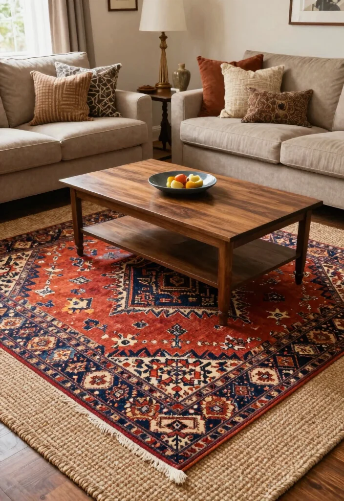 18 Cozy Living Room Wall Decor Ideas for a Warm, Inviting Touch - 17. Layered Rugs 1