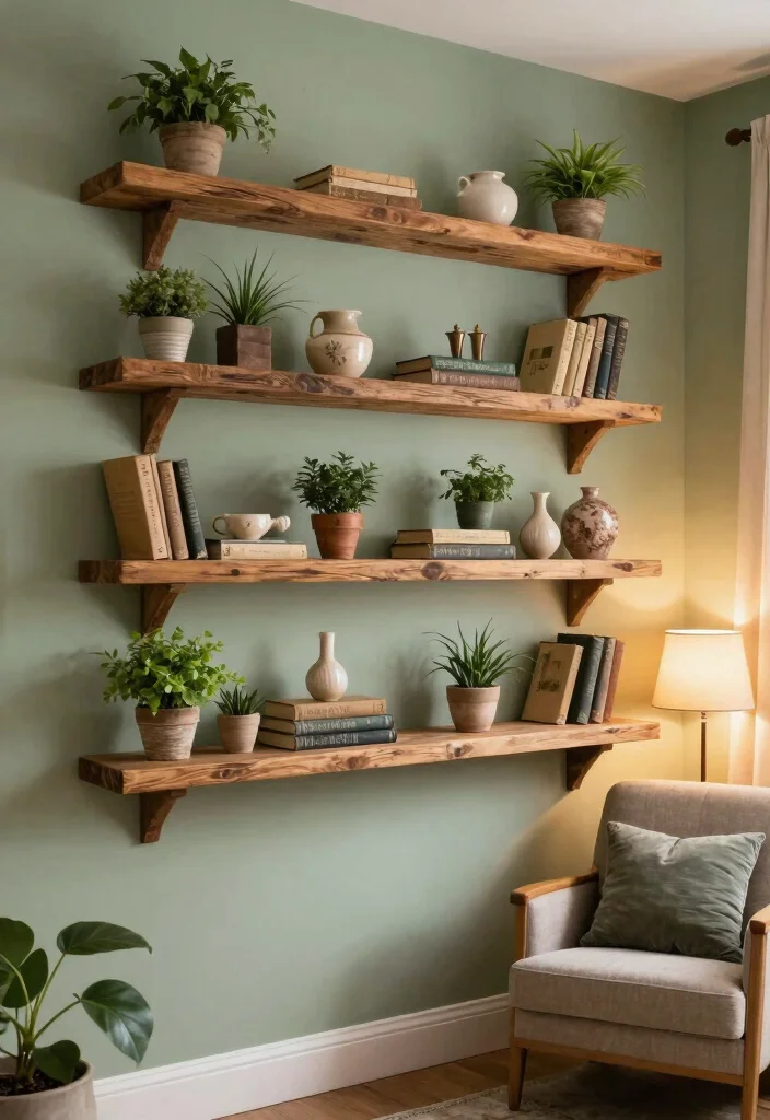 18 Cozy Living Room Wall Decor Ideas for a Warm, Inviting Touch - 3. Rustic Wood Shelves 1
