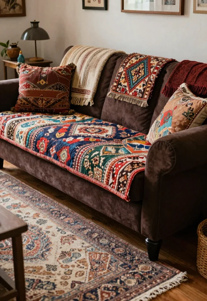 18 Dark Brown Couch Living Room Ideas Boho Cozy Chic - 12. Accessorize with Vintage Textiles 1