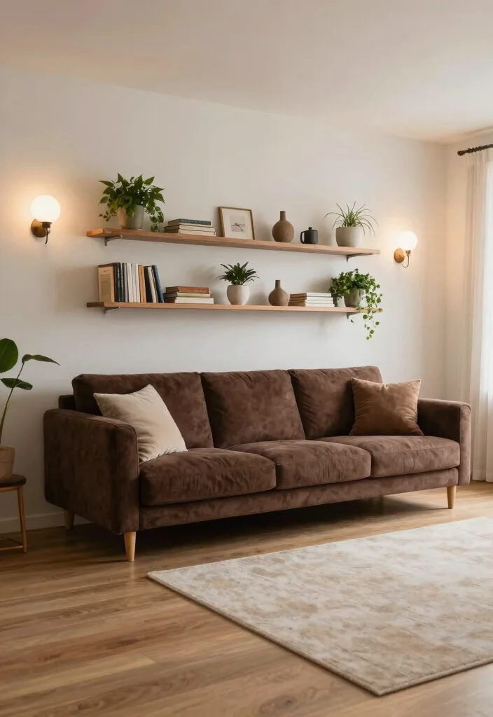 18 Dark Brown Couch Living Room Ideas Boho Cozy Chic - 14. Incorporate Wall-Mounted Elements 1