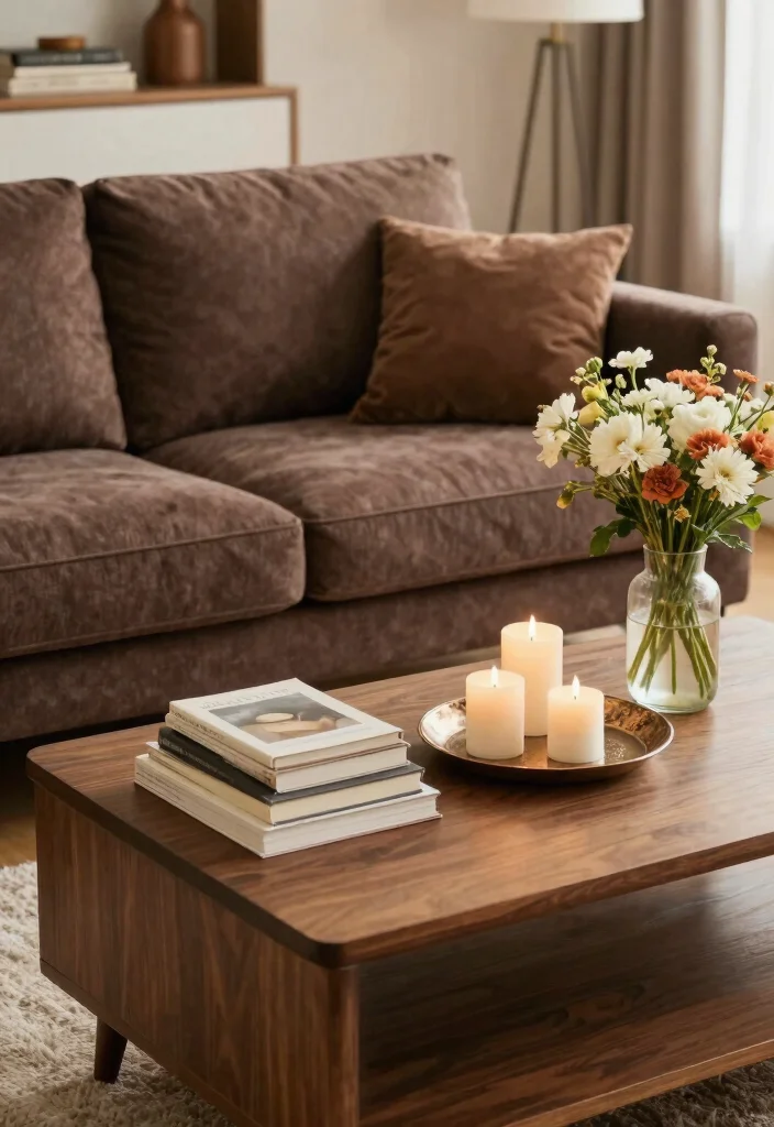 18 Dark Brown Couch Living Room Ideas Boho Cozy Chic - 16. Curate a Cozy Coffee Table Display 1