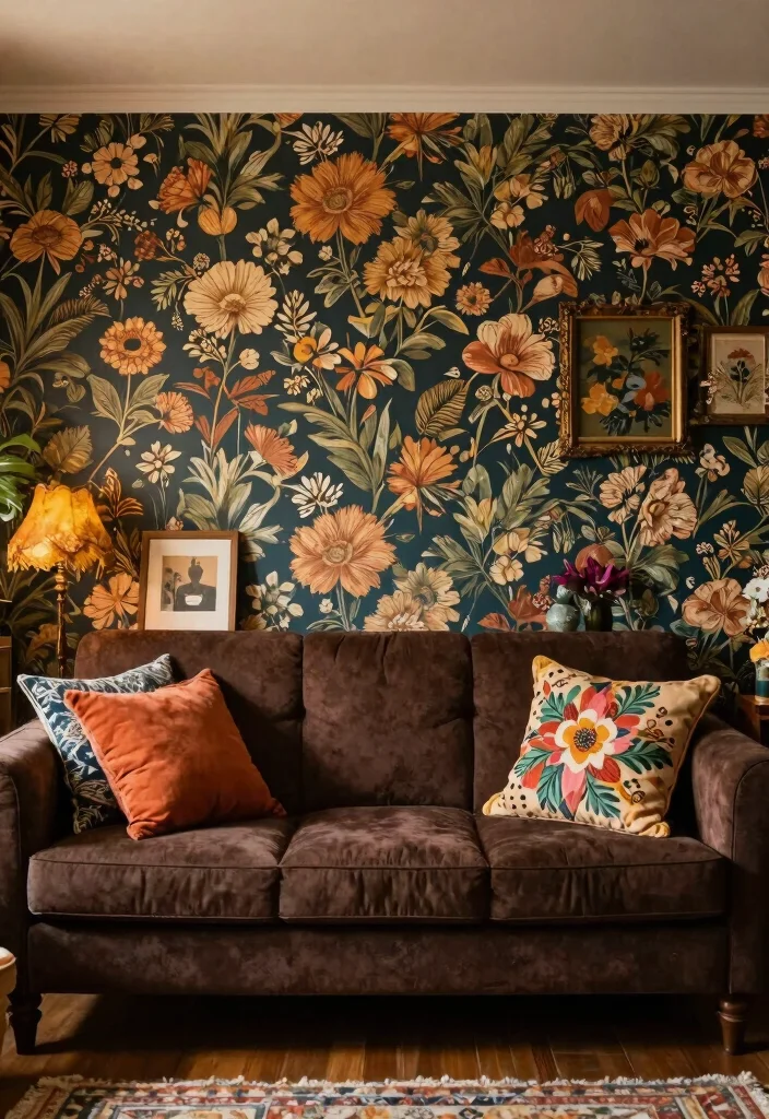18 Dark Brown Couch Living Room Ideas Boho Cozy Chic - 17. Opt for Unique Wallpaper 1