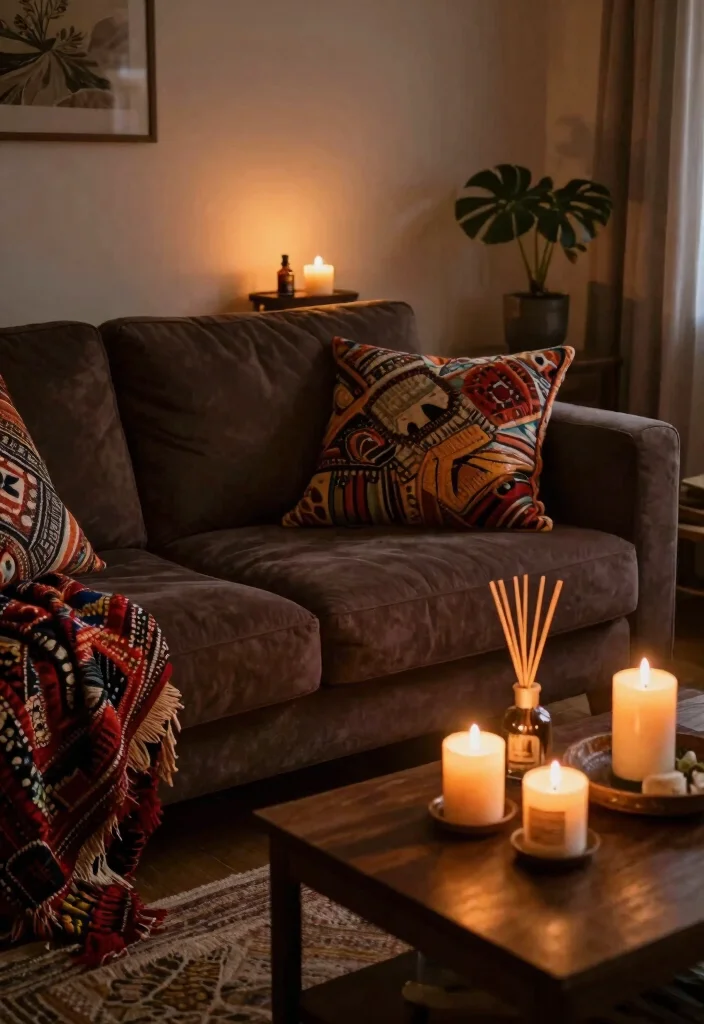 18 Dark Brown Couch Living Room Ideas Boho Cozy Chic - 18. Create a Cozy Atmosphere with Scent 1