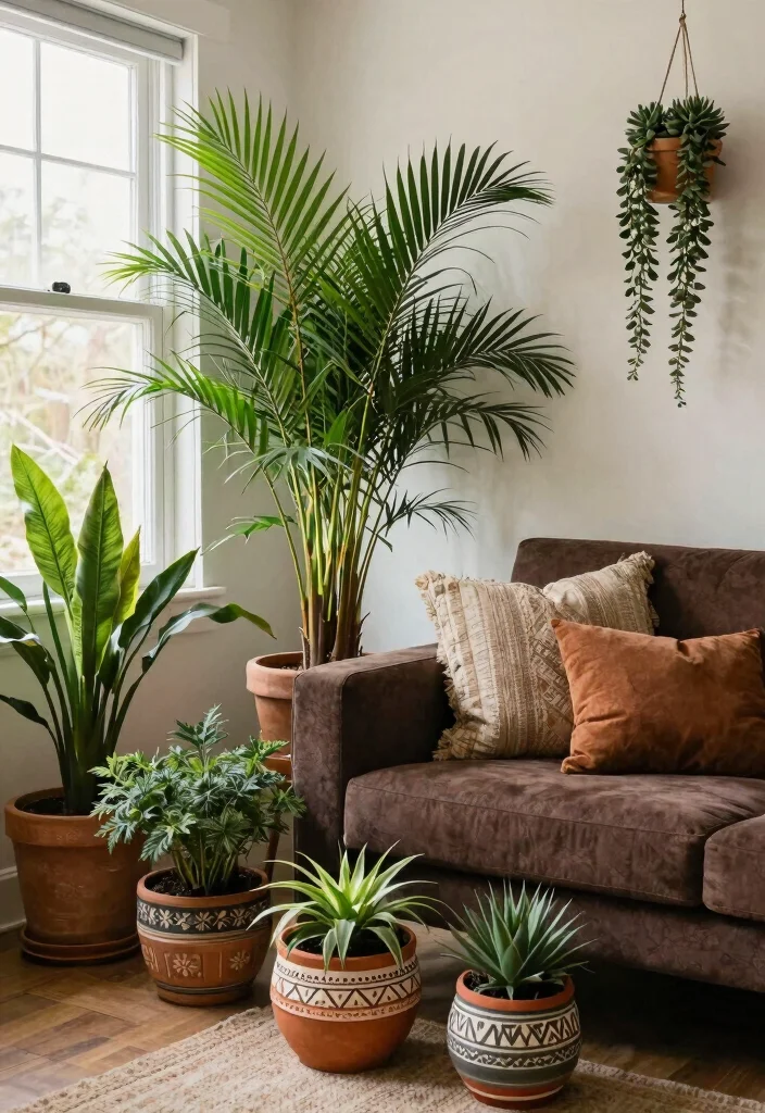 18 Dark Brown Couch Living Room Ideas Boho Cozy Chic - 4. Incorporate Plants for Freshness 1