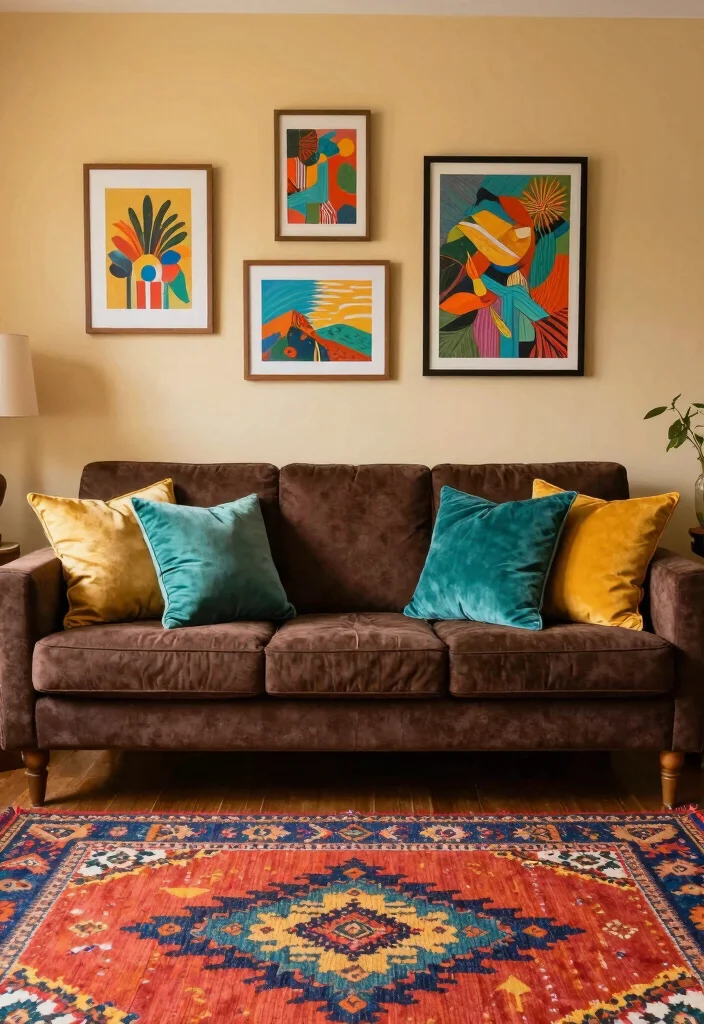 18 Dark Brown Couch Living Room Ideas Boho Cozy Chic - 8. Play with Colorful Accents 1
