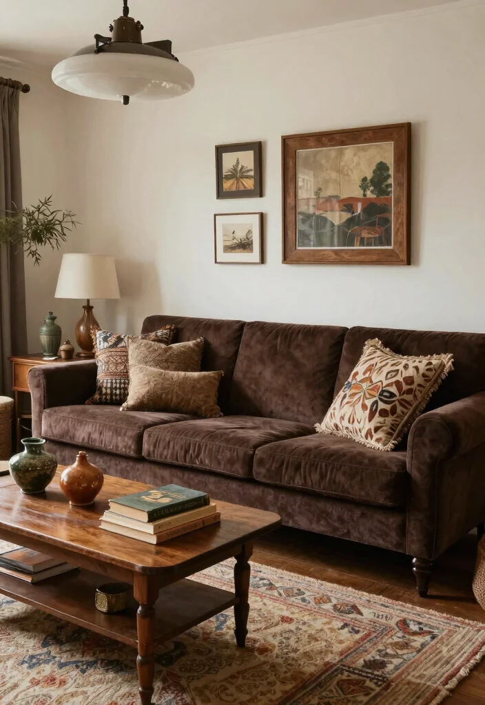 18 Dark Brown Couch Living Room Ideas Boho Cozy Chic - 9. Embrace Vintage Finds 1