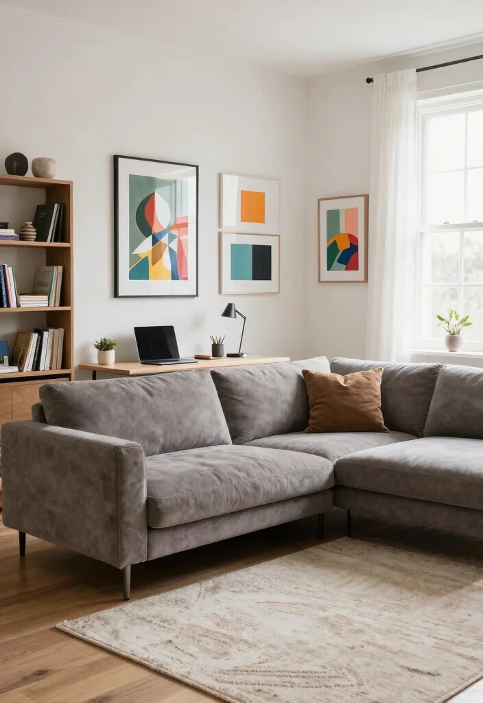 18 L Shaped Sofa Living Room Layout Ideas: Space Smart Flow - 6. The Stylish Workspace Layout 1