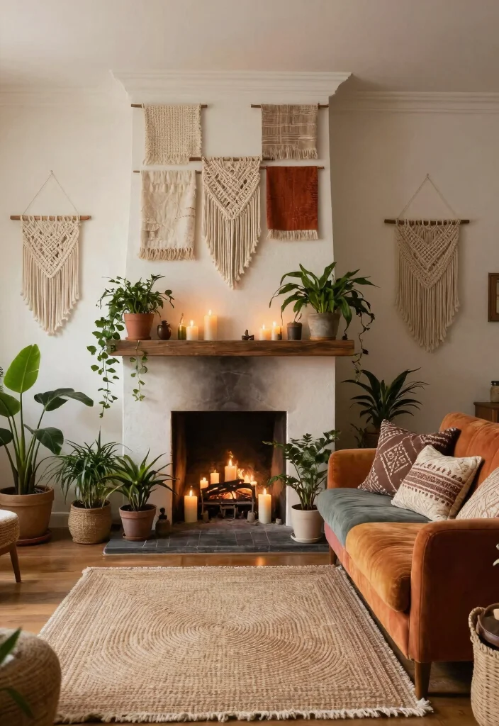 18 Living Room Chimney Wall Ideas: Cozy Focal Point Design - 12. Bohemian Style with Earthy Tones 1